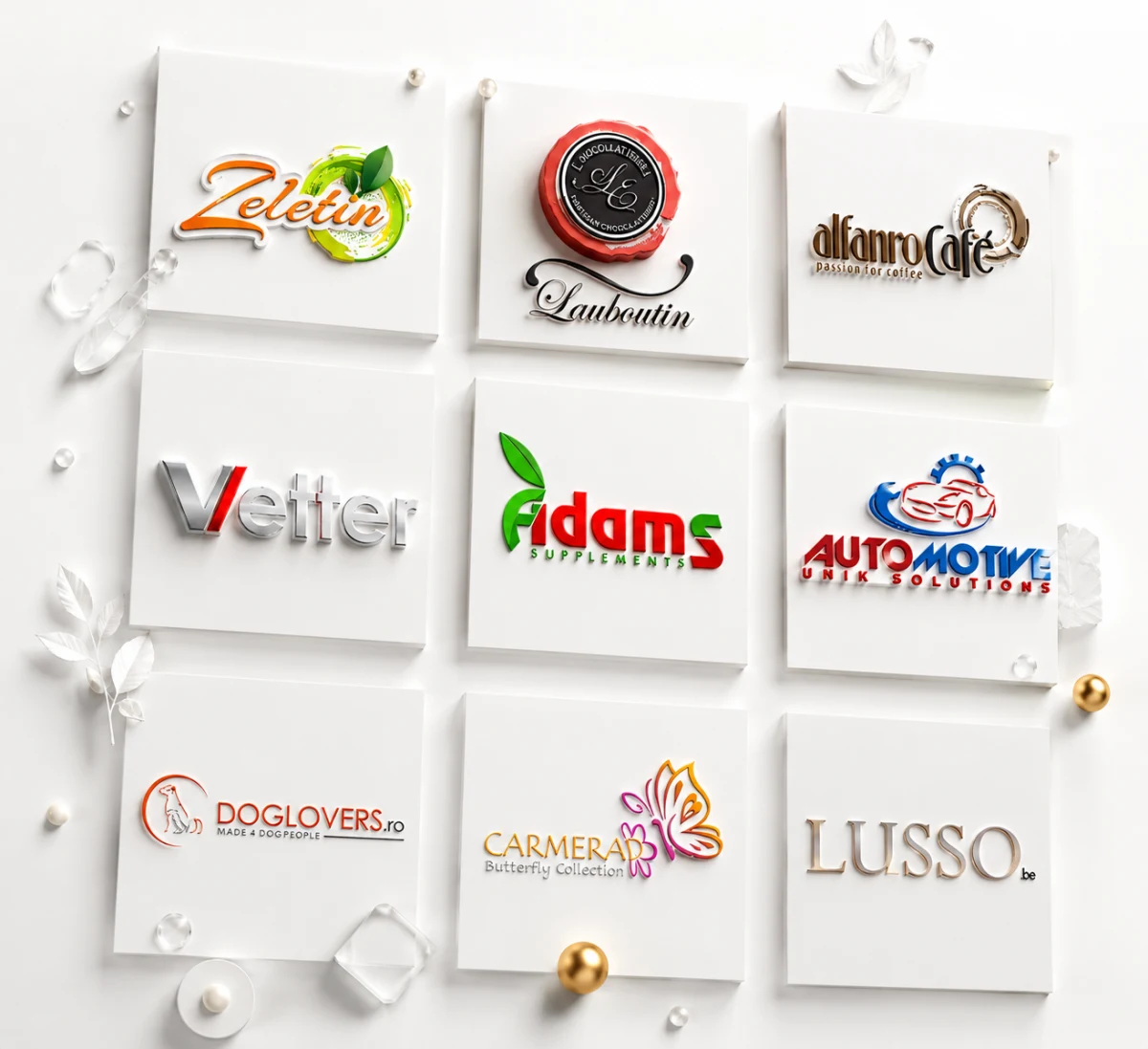 9 logo-uri reale create de Logo1.ro: Zeletin, Louboutin, Alfanro Cafe, Vetter, Adams Supplements, Automotive Unik, Doglovers, Carmerad, Lusso