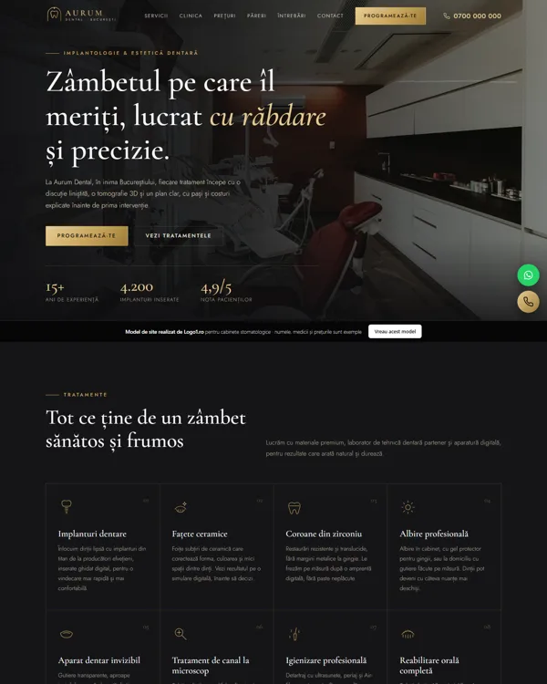 Model de site pentru cabinet stomatologic: Aurum Dental