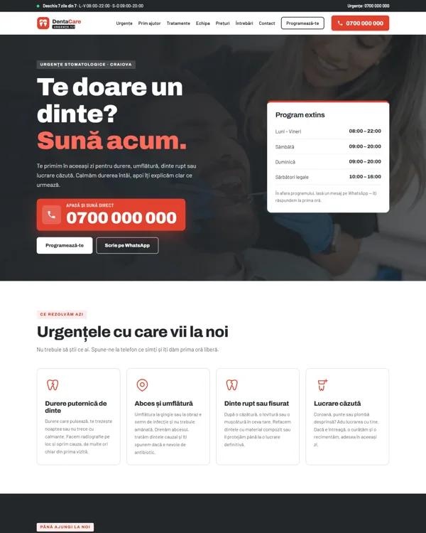 Model de site pentru cabinet stomatologic: DentaCare Urgențe