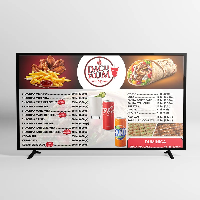 Design flyere și meniu pe TV - Dacii Rum