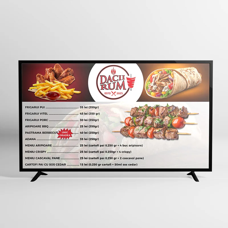 Design flyere și meniu pe TV - Dacii Rum
