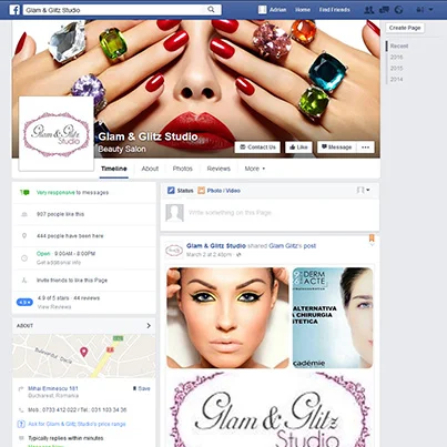 Design pagina facebook salon de infrumusetare Glam & Glitz Studio